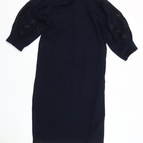 H&M Women's Blue Embroidered Dress, Size S, 3/4 Balloon Sleeve