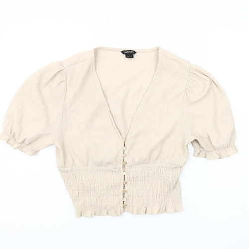 Monki Women's Beige Blouse - Size M with Puff Sleeves