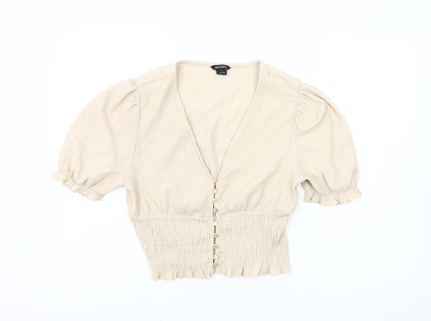 Monki Women's Beige Blouse - Size M with Puff Sleeves