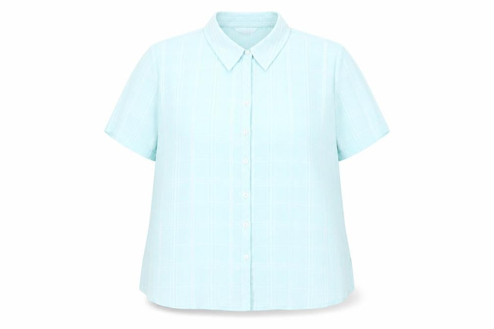 Front view of Bonmarché Women's Blue Check Button-Up Shirt, size 22