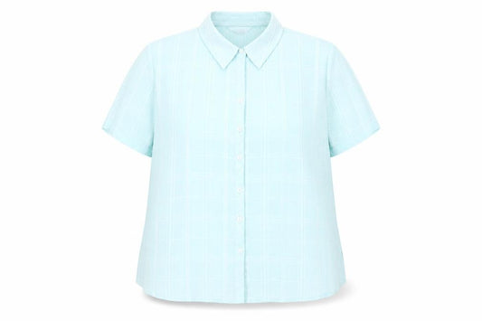 Front view of Bonmarché Women's Blue Check Button-Up Shirt, size 22