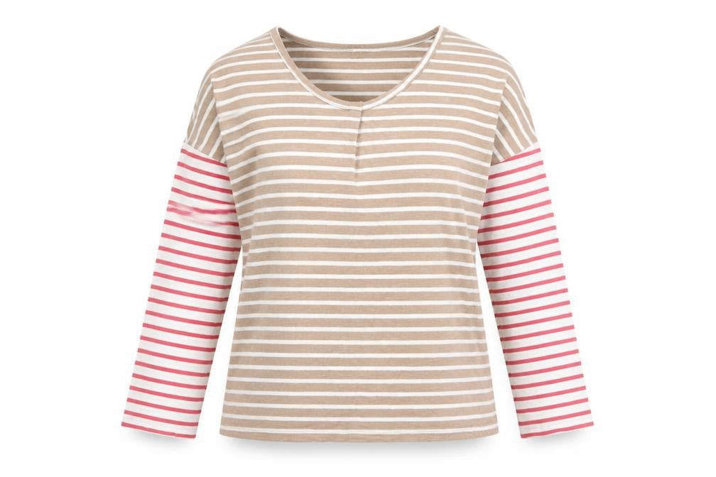 Front view of White Stuff Women's Beige Striped T-Shirt, size 8