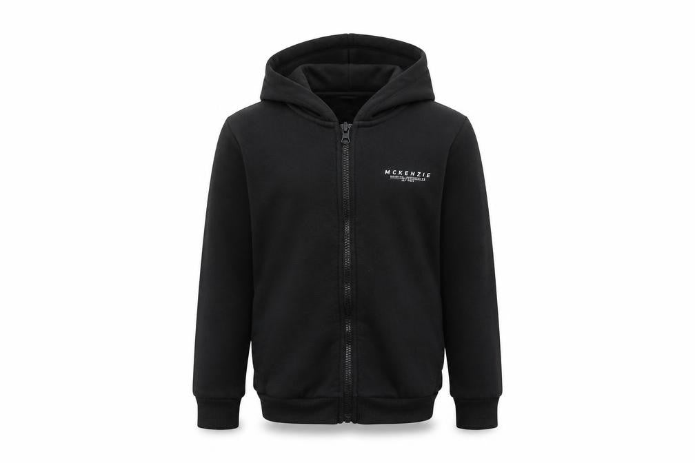 Front view of McKenzie boys’ black full zip hoodie 12-13 years