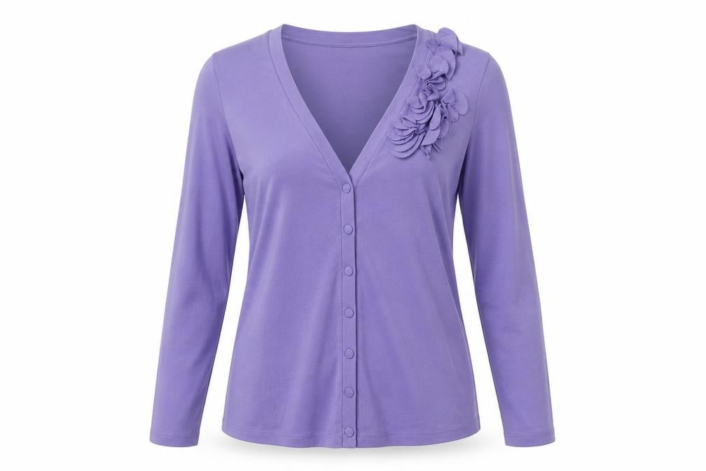 Front view of Laura Ashley Women's Purple Ruffle Cardigan, size 12