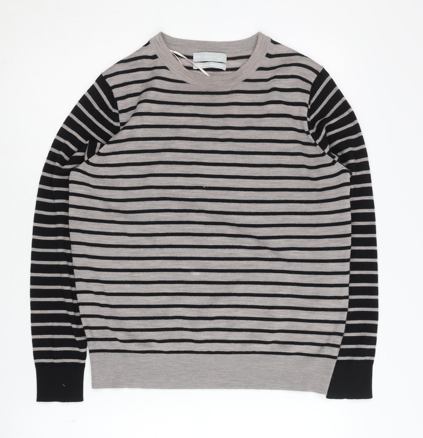 Marks and Spencer Women's Grey Striped Merino Wool Jumper Size 12