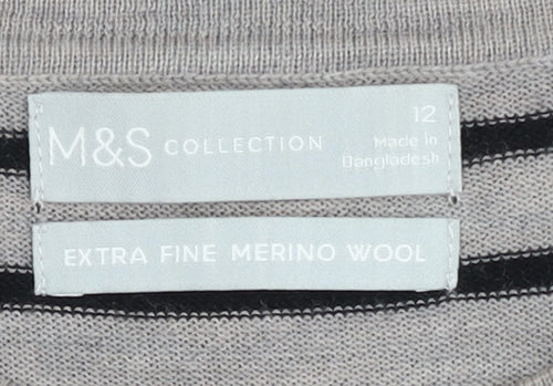 Marks and Spencer Women's Grey Striped Merino Wool Jumper Size 12