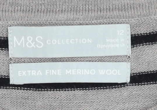 Marks and Spencer Women's Grey Striped Merino Wool Jumper Size 12