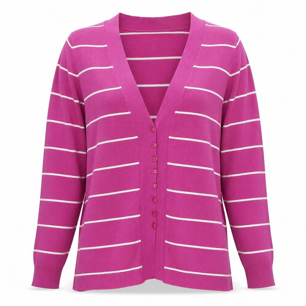 Front view of Linea Women's Pink Striped Cardigan L