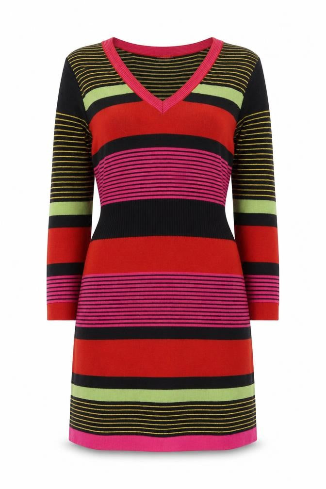Front view of Per Una Women's Multicoloured Striped V-Neck Dress