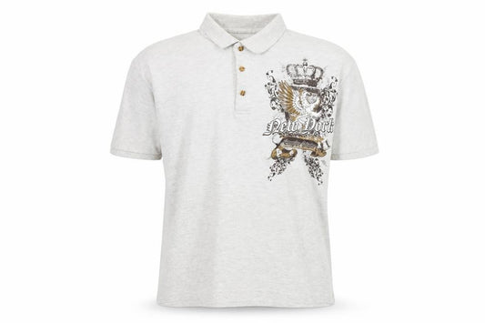 Front view of Gildan Men’s Grey Polo with Graphic Print, size M