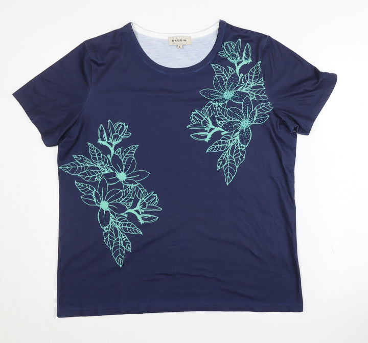 Bassini Women's Blue Floral T-Shirt L Crew Neck Casual