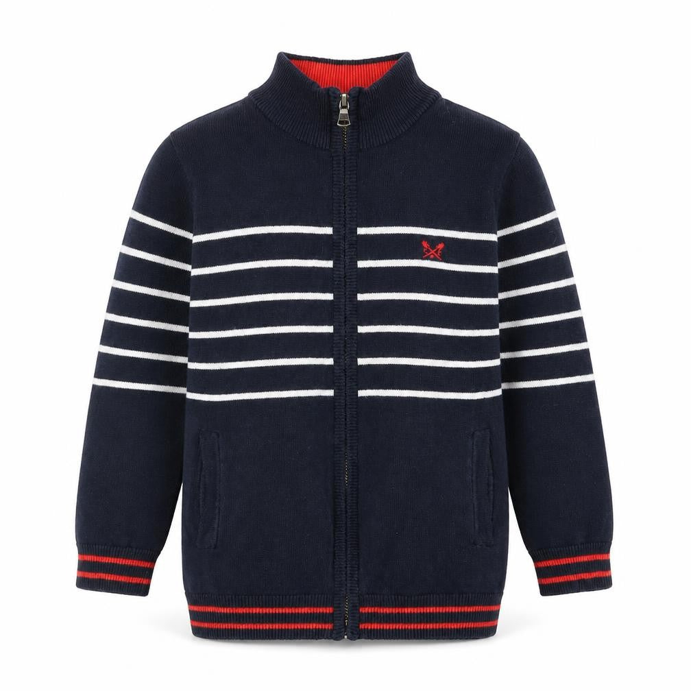 Front view of C&C Kids boys’ blue striped basic jacket, size 5-6, years