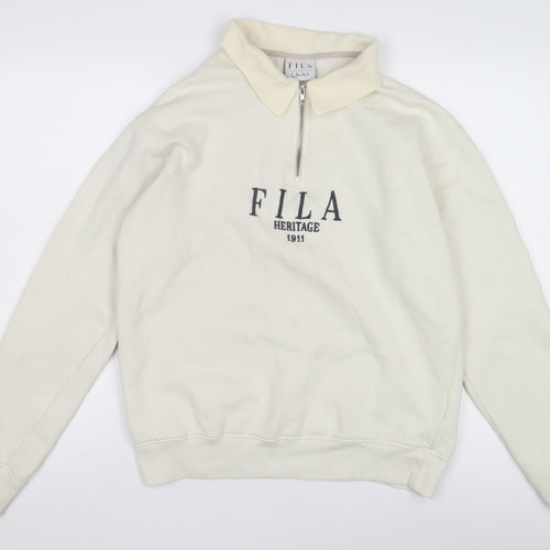 Fila Ivory Collared Sweatshirt, Unisex S, Logo Zip Accents