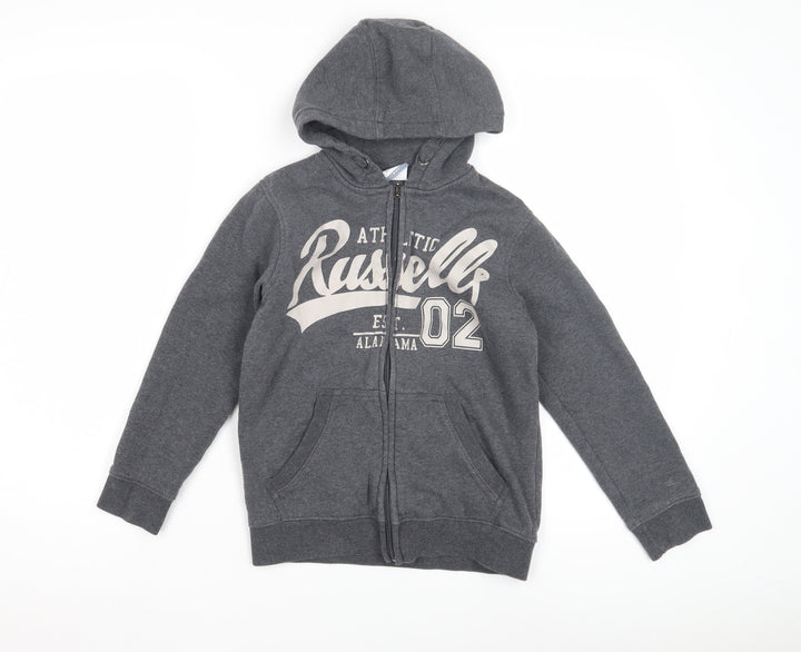 Russell Athletic Boys Grey Full Zip Hoodie, Graphic Logo, Regular Fit