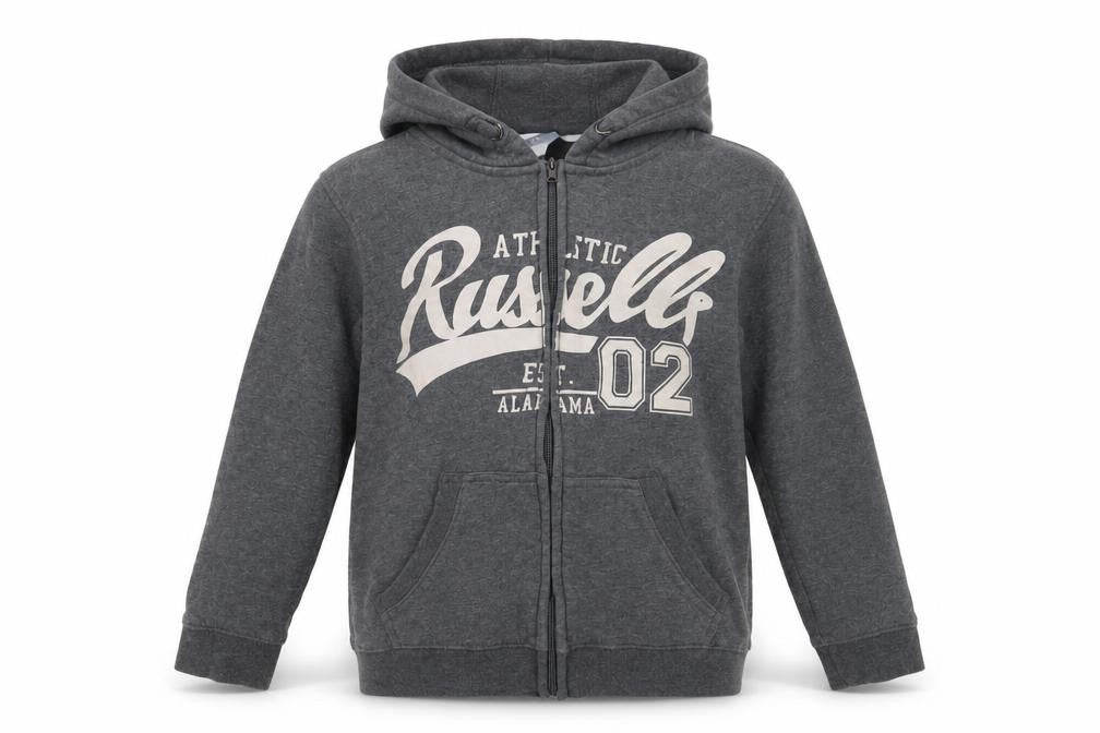 Russell Athletic Boys Grey Full Zip Hoodie, Graphic Logo, Regular Fit