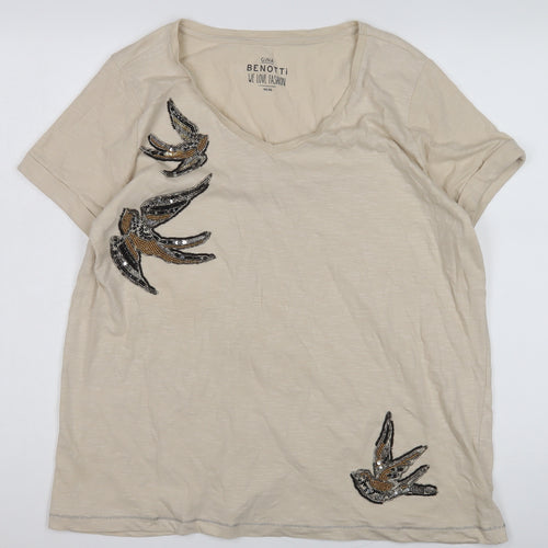Gina Benotti Beige Bird Embellished V-Neck T-Shirt - Size 16