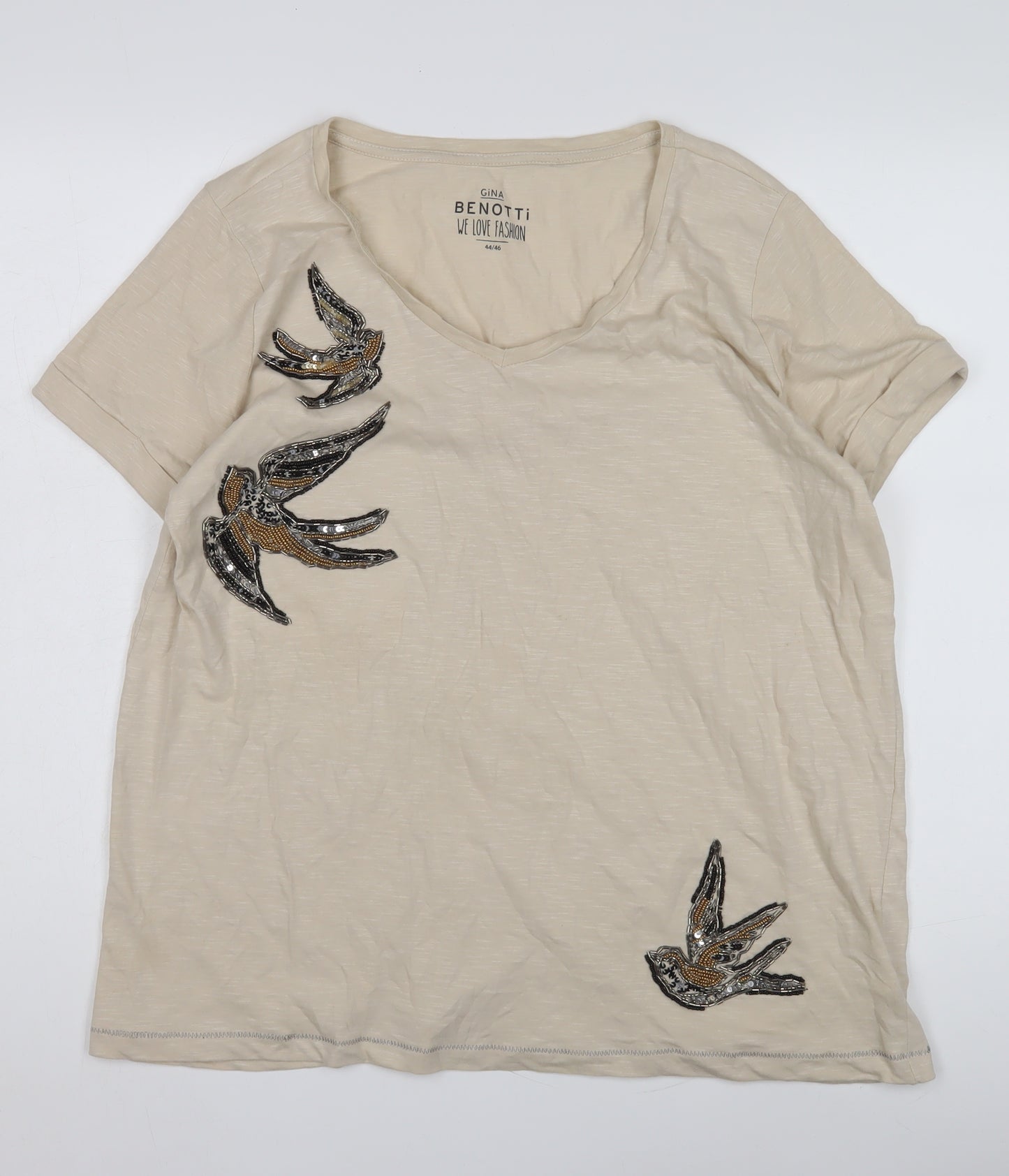 Gina Benotti Beige Bird Embellished V-Neck T-Shirt - Size 16