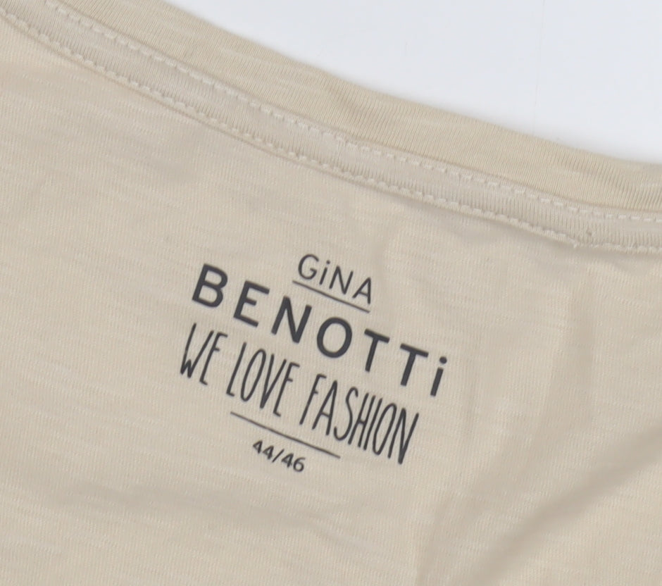 Gina Benotti Beige Bird Embellished V-Neck T-Shirt - Size 16