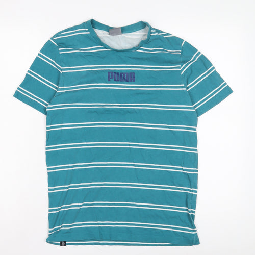 Puma Men's Blue Striped Cotton T-Shirt - Size S