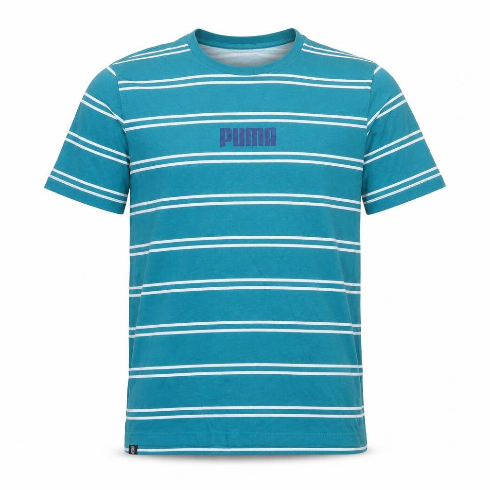 Front view of Puma Men's Blue Striped Cotton T-Shirt -, size S