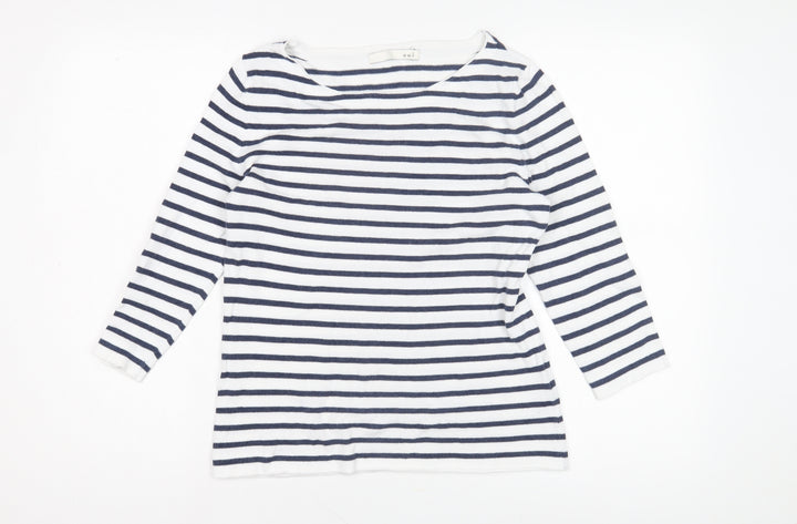 Oui Women's White Striped 3/4 Sleeve Boat Neck T-Shirt