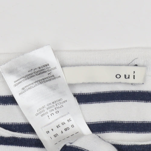 Oui Women's White Striped 3/4 Sleeve Boat Neck T-Shirt