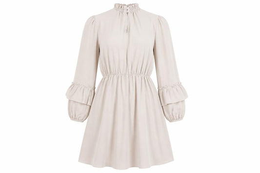 Front view of Boohoo Women's Beige A-Line Dress UK, size 12, Long Sleeve