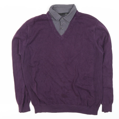 Next Men's Purple Polo, L, Long Sleeve, V-Neck