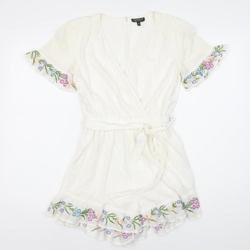Topshop Women's White Floral Embroidered Playsuit Size 6