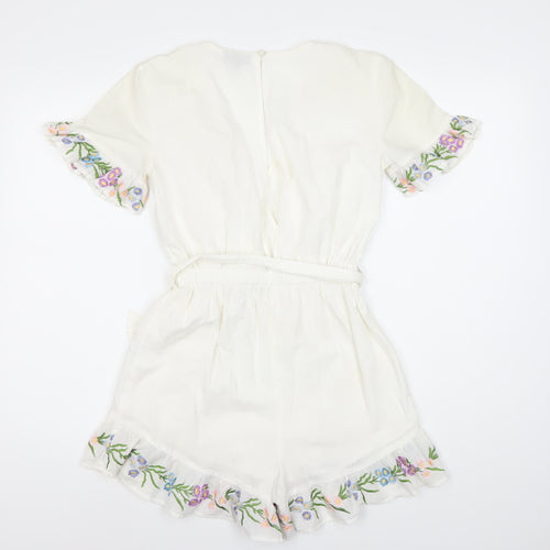 Topshop Women's White Floral Embroidered Playsuit Size 6