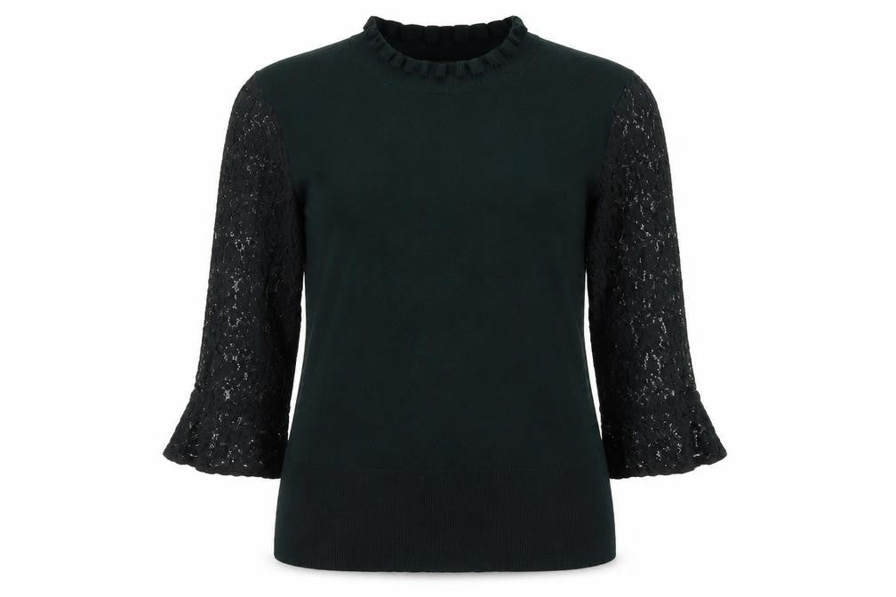 Oasis Women's Black Lace Bell Sleeve Top, XL, Elegant Comfort