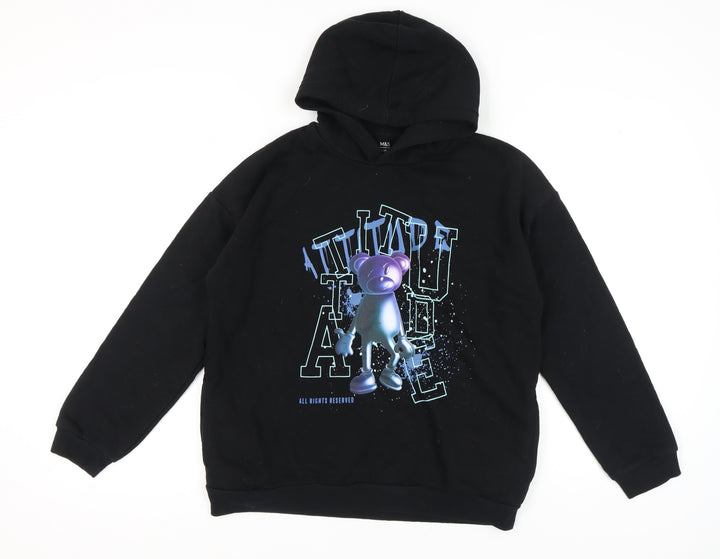 Marks and Spencer Girls Black Graphic Pullover Hoodie 14-15 Years