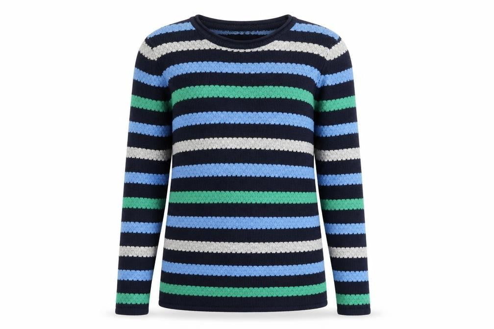 Front view of Isle Women's Blue Striped Jumper, M Round Neck