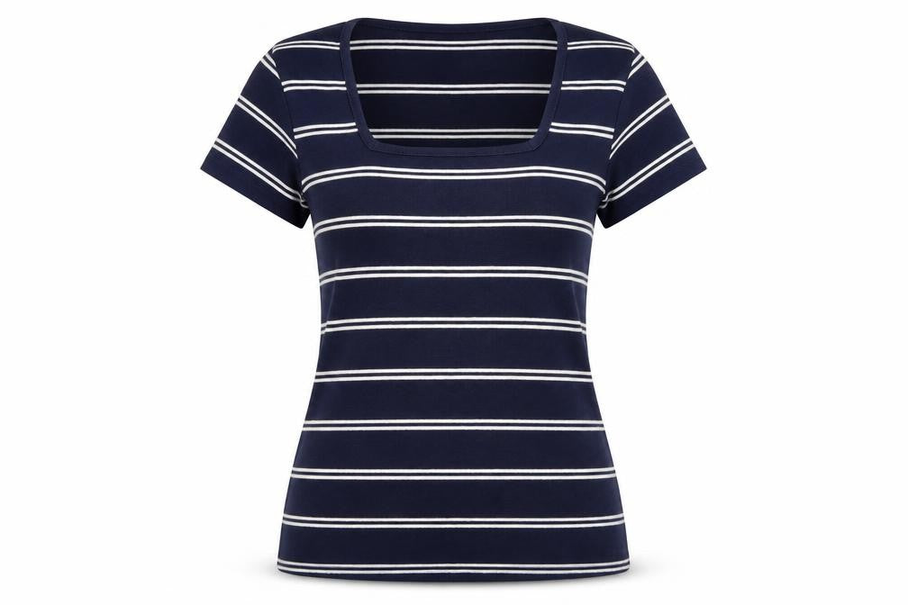 Front view of Cotton Traders Women Blue Striped T-Shirt, size 10