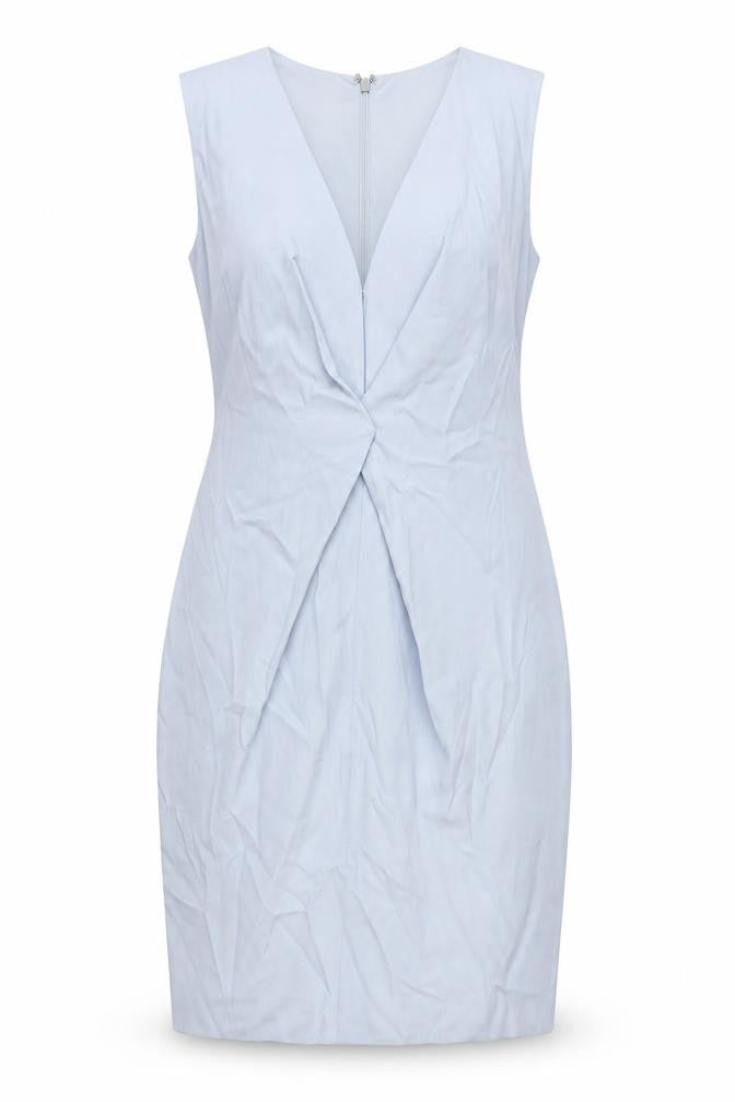 Front view of Reiss Women's Blue Sheath Dress, size 14, V-Neck Formal