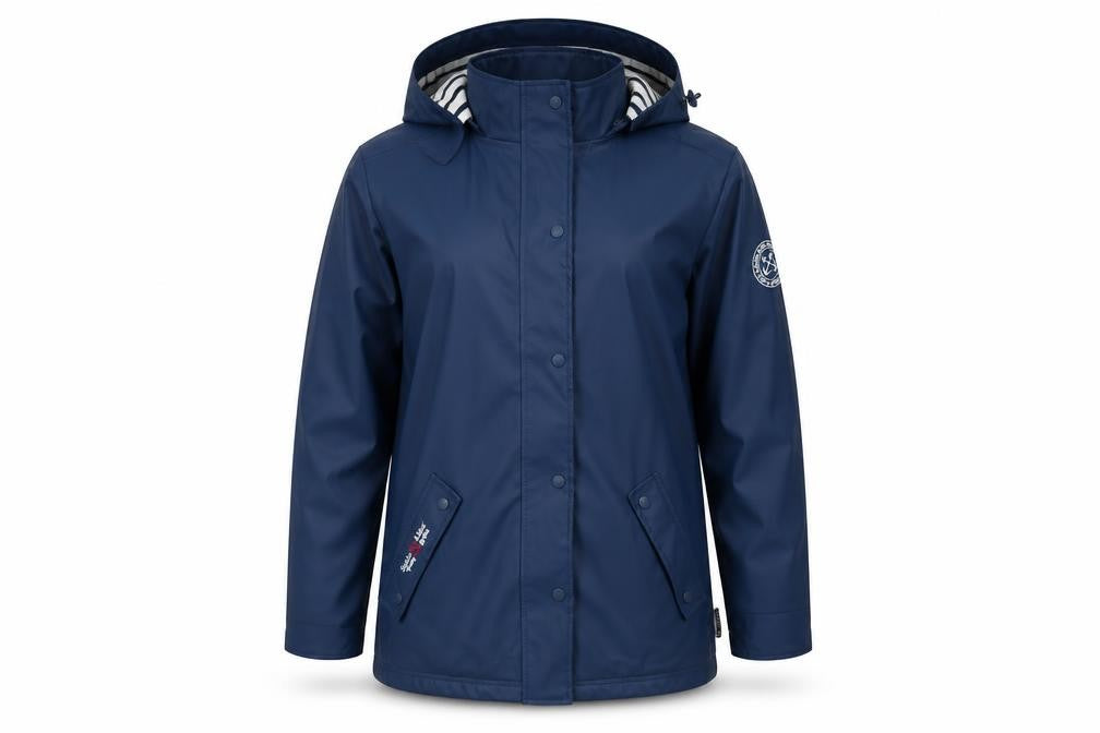 Front view of Sable & Mer Women's Blue Nautical M Rain Coat