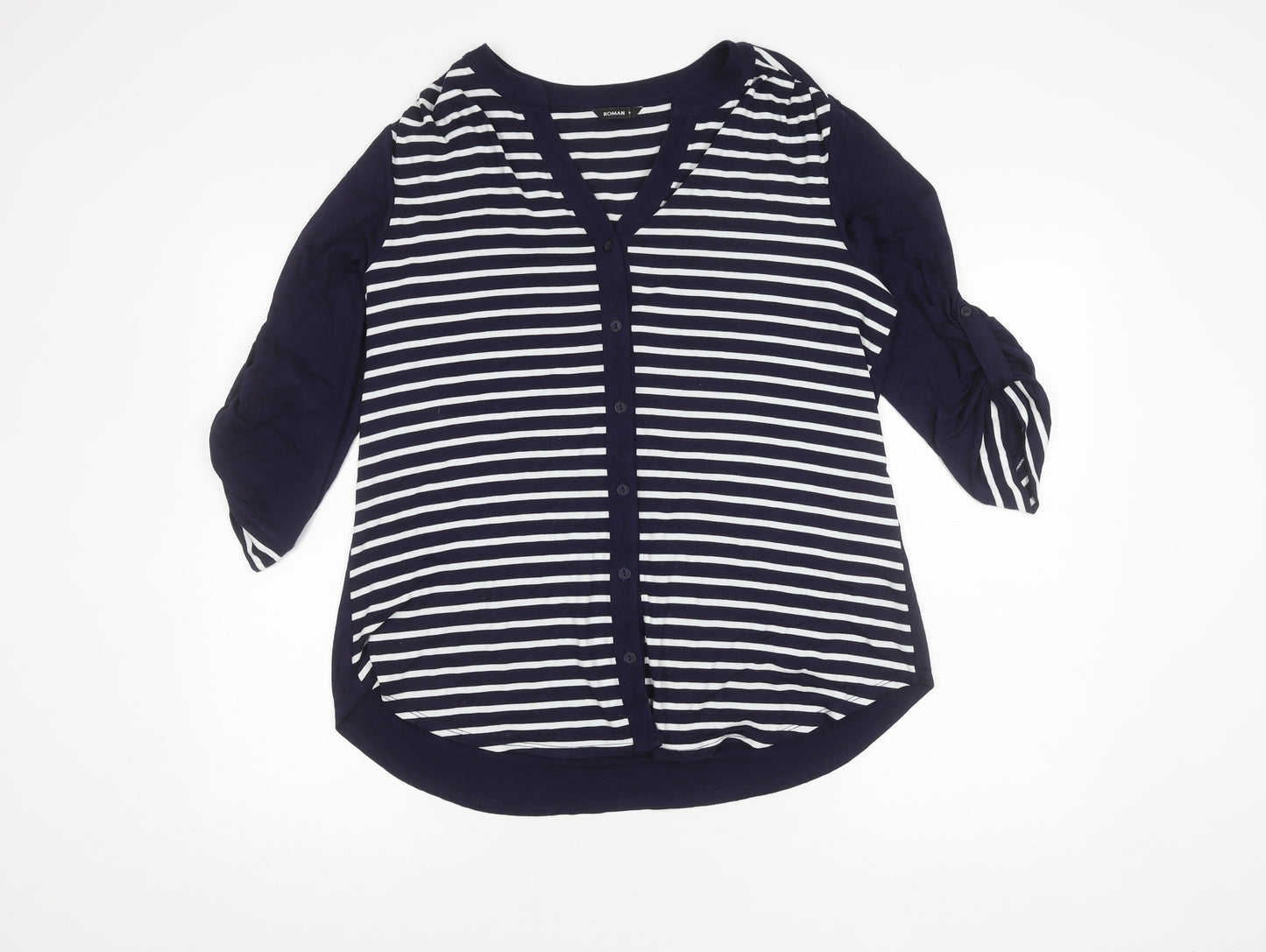 Roman Women Blue Striped Button-Up Top Size 14