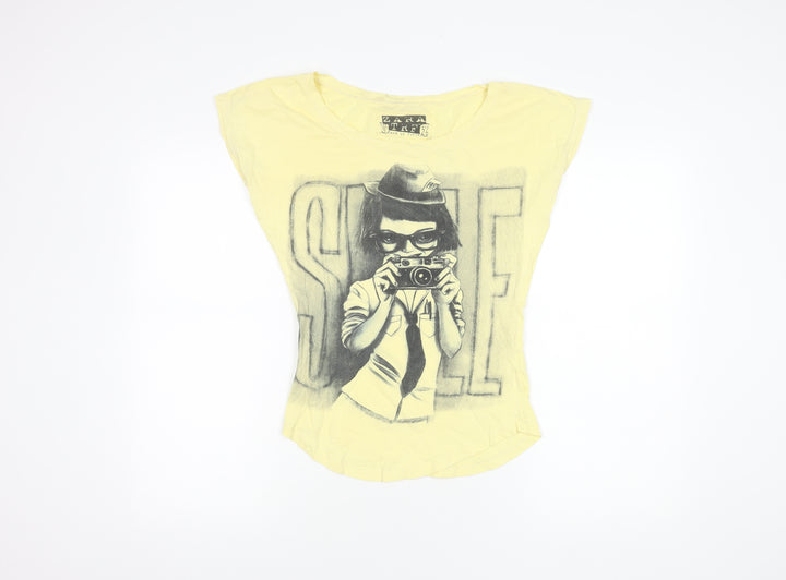 Zara Women’s Yellow Graphic T-Shirt, Size S, Casual Style