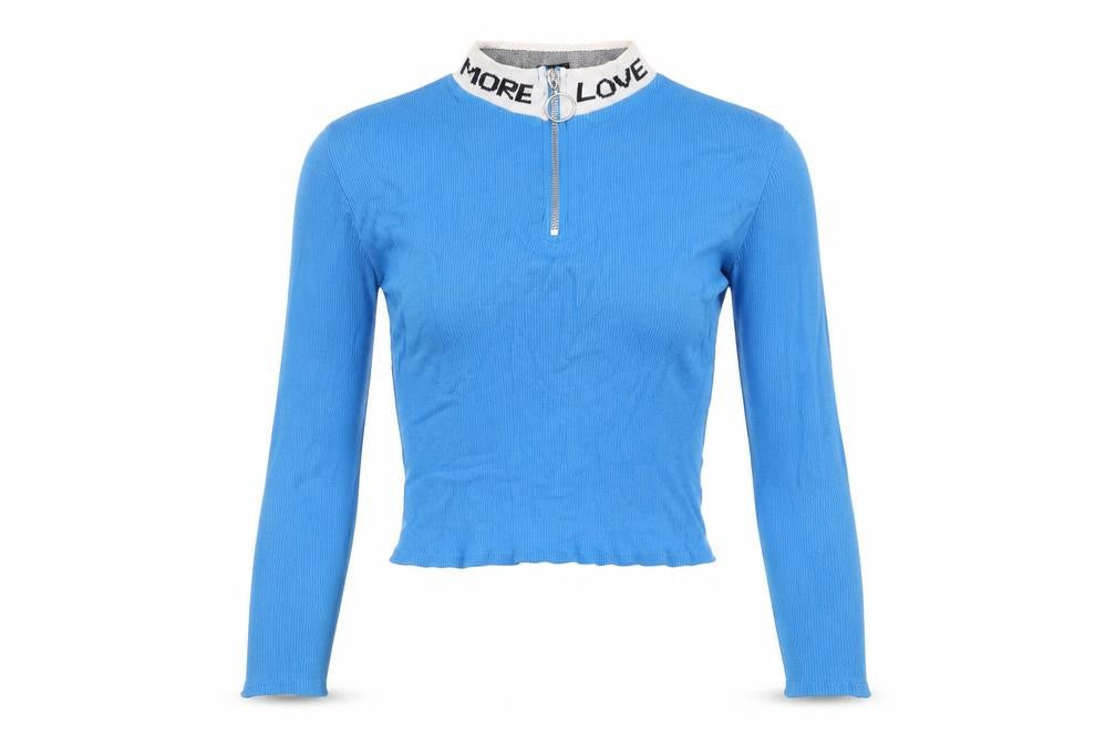 Front view of Urban Outfitters Women's Blue Cropped Top, size S, Zip Accent