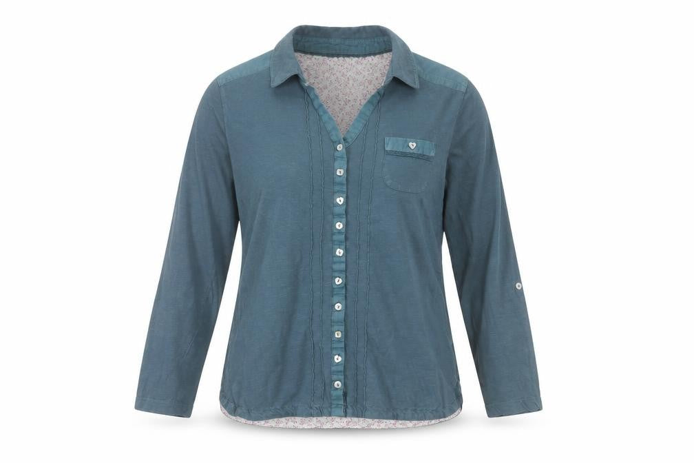 Front view of Mistral Women's Blue Button-Up Shirt, size 10