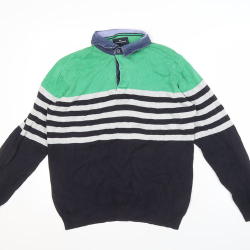 Marks and Spencer Men's Green Striped Pullover Jumper - M