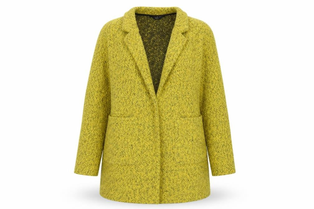 Front view of M&Co Women's Yellow Collared Cardigan, size 10