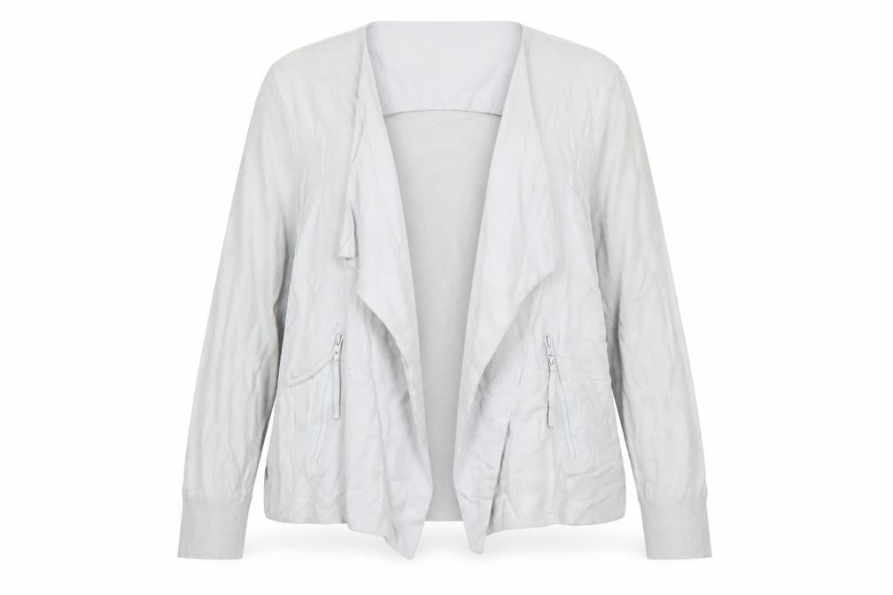 Front view of Marks & Spencer women’s grey open front cardigan, size UK 18
