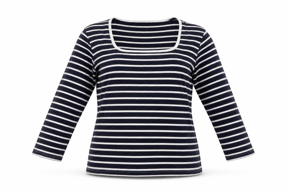 Front view of Icon Traders Women's Blue Striped Long Sleeve T-Shirt, size 14