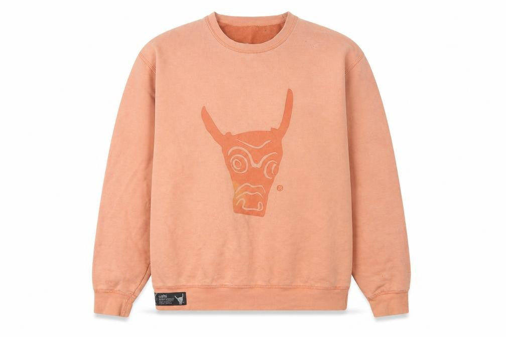 Front view of Ushi Men's Large Orange Graphic Pullover Sweatshirt
