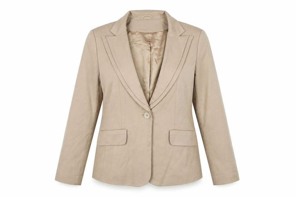 Front view of Kaleidoscope Women's Beige Blazer, size 12, Lined, One-Button