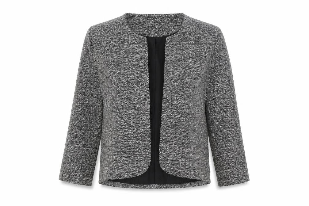 Front view of BHS Women's Grey Herringbone Bouclé Blazer, size 12