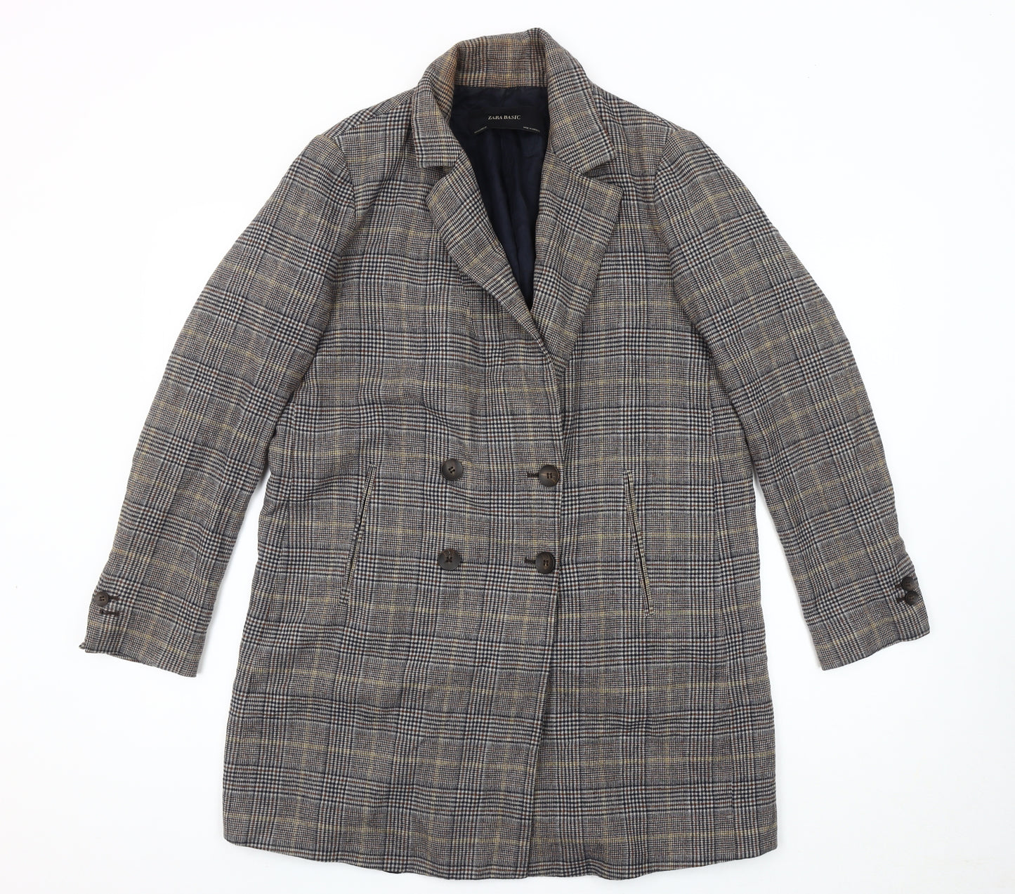 Zara Women’s Multicoloured Check Wool Overcoat Size 12