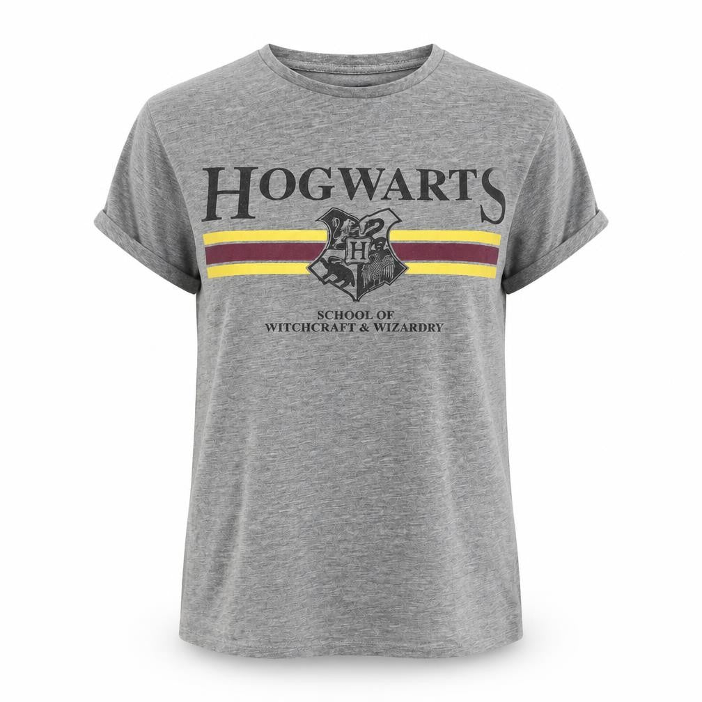 Front view of Harry Potter Women's Grey Hogwarts T-Shirt, size 10