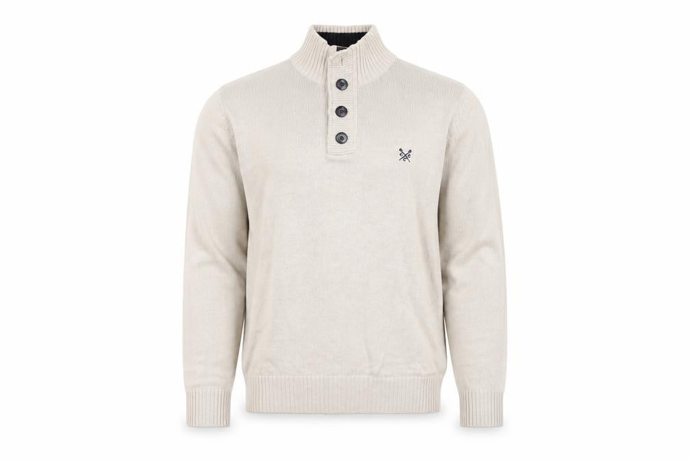 Front view of Crew Clothing Men's Beige Henley Jumper, size S